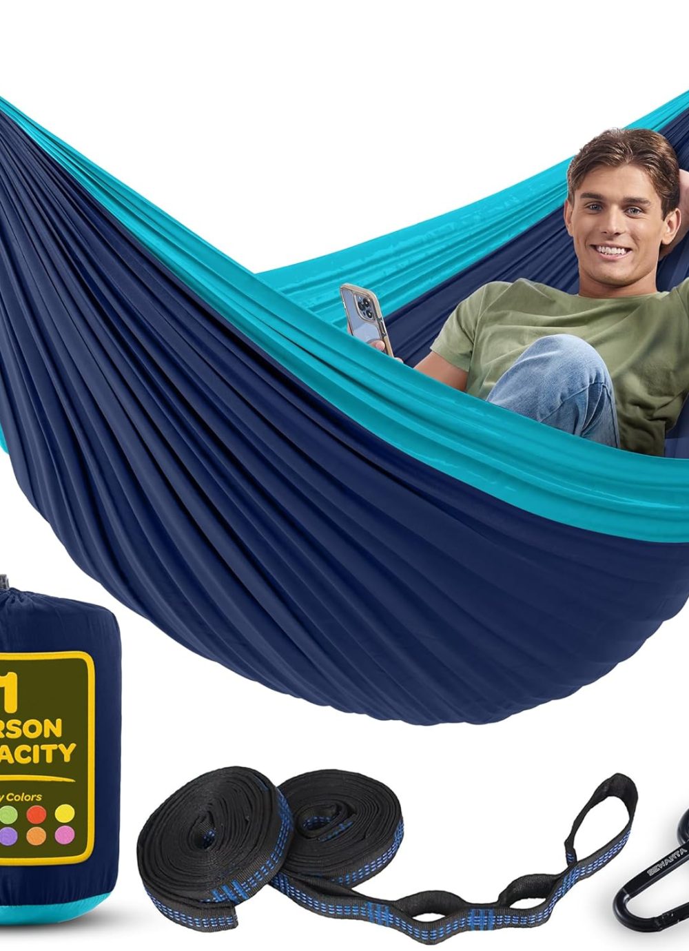 Durable Hammock 400 lb Capacity, Nylon Camping Hammock Chair - Double or Single Sizes w/Tree Straps and Attached Carry Bag - Portable for Travel/Backpacking/Beach/Backyard (Medium, Blue & Light Blue)