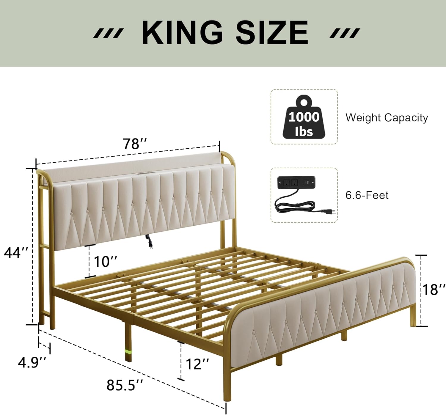 Feonase Velvet King Size Bed Frame with Fast Charging Station, King Metal Platform Bed with Upholstered Headboard & Footboard,12" Underbed Storage Space, Easy Assembly, Noise-Free, Beige - Image 2