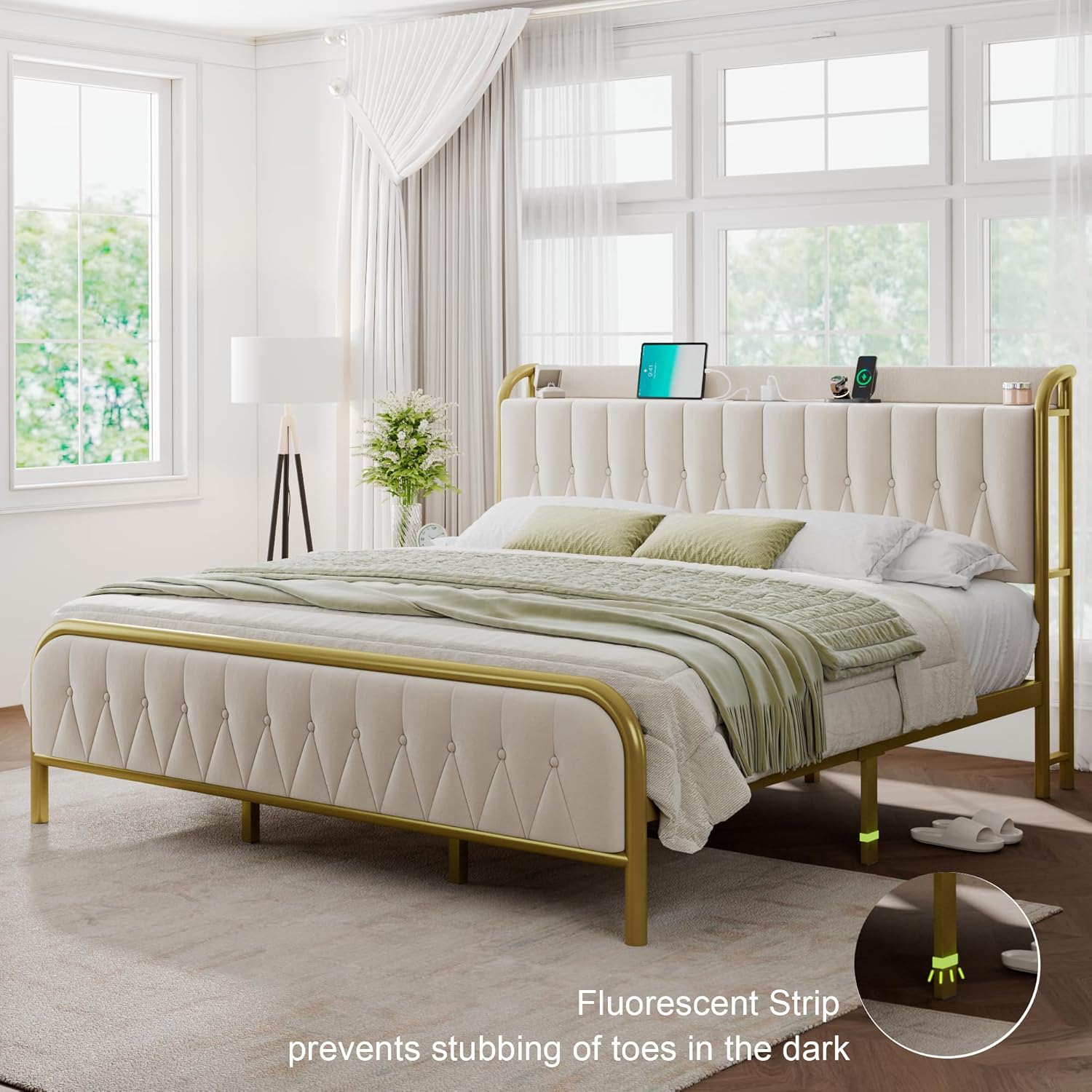 Feonase Velvet King Size Bed Frame with Fast Charging Station, King Metal Platform Bed with Upholstered Headboard & Footboard,12" Underbed Storage Space, Easy Assembly, Noise-Free, Beige - Image 3