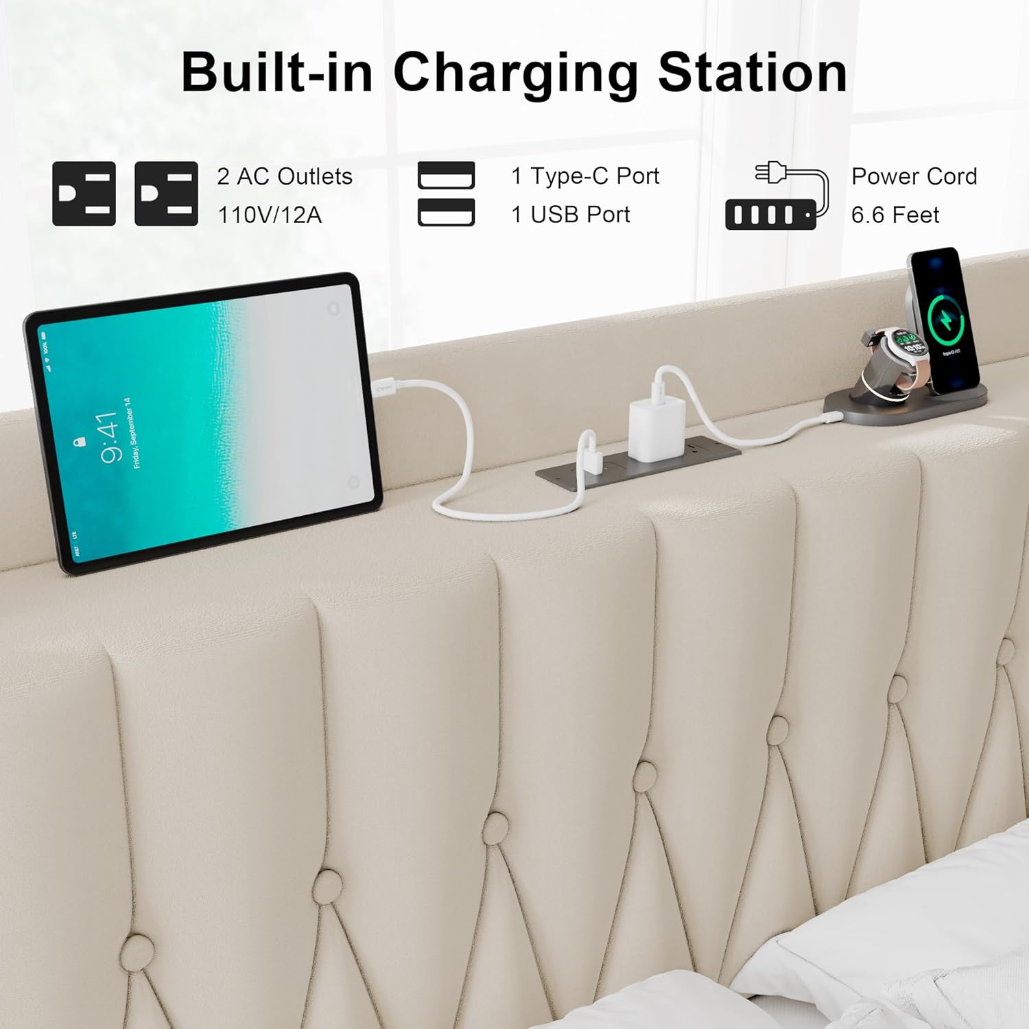 Feonase Velvet King Size Bed Frame with Fast Charging Station, King Metal Platform Bed with Upholstered Headboard & Footboard,12" Underbed Storage Space, Easy Assembly, Noise-Free, Beige - Image 4