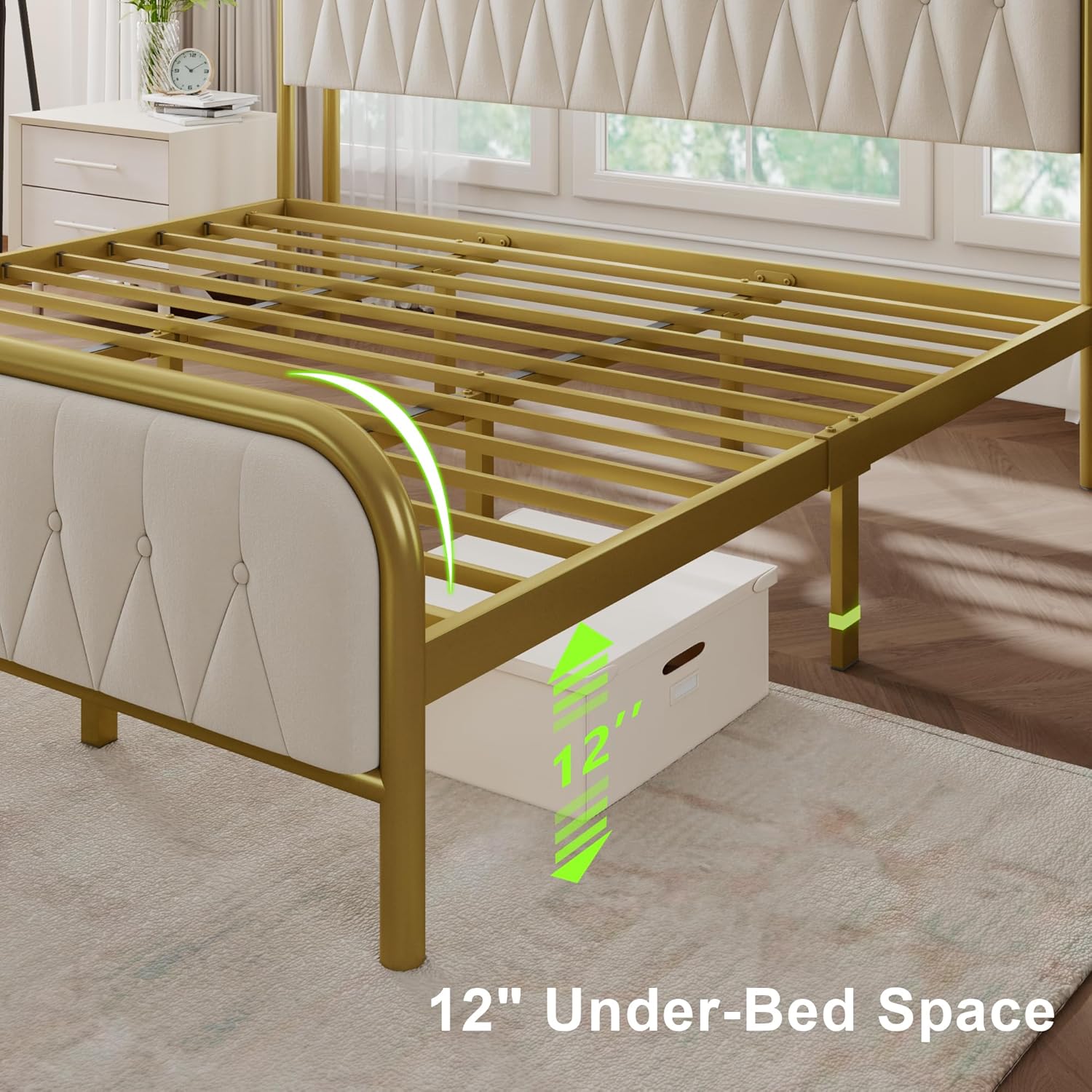 Feonase Velvet King Size Bed Frame with Fast Charging Station, King Metal Platform Bed with Upholstered Headboard & Footboard,12" Underbed Storage Space, Easy Assembly, Noise-Free, Beige - Image 6