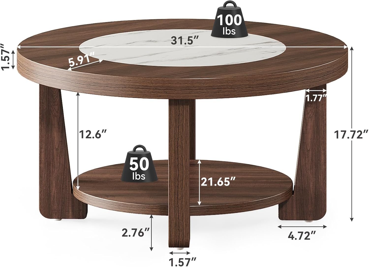 LITTLE TREE Modern Round Coffee Table, 2-Tier Wood Coffee Table with Storage, Marble-Like Tabletop for Living Room, Simple & Modern Center Table for Small Space, Brown - Image 2