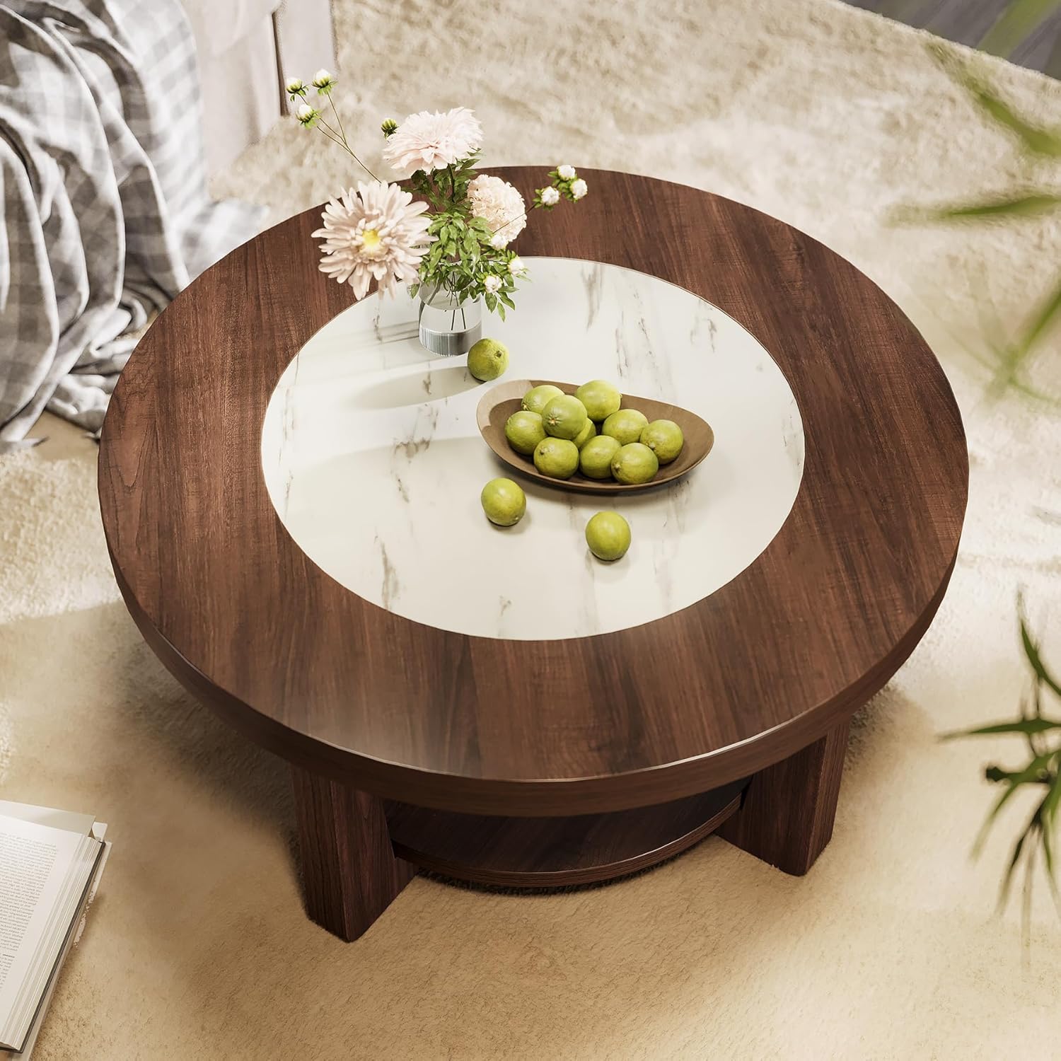 LITTLE TREE Modern Round Coffee Table, 2-Tier Wood Coffee Table with Storage, Marble-Like Tabletop for Living Room, Simple & Modern Center Table for Small Space, Brown - Image 3