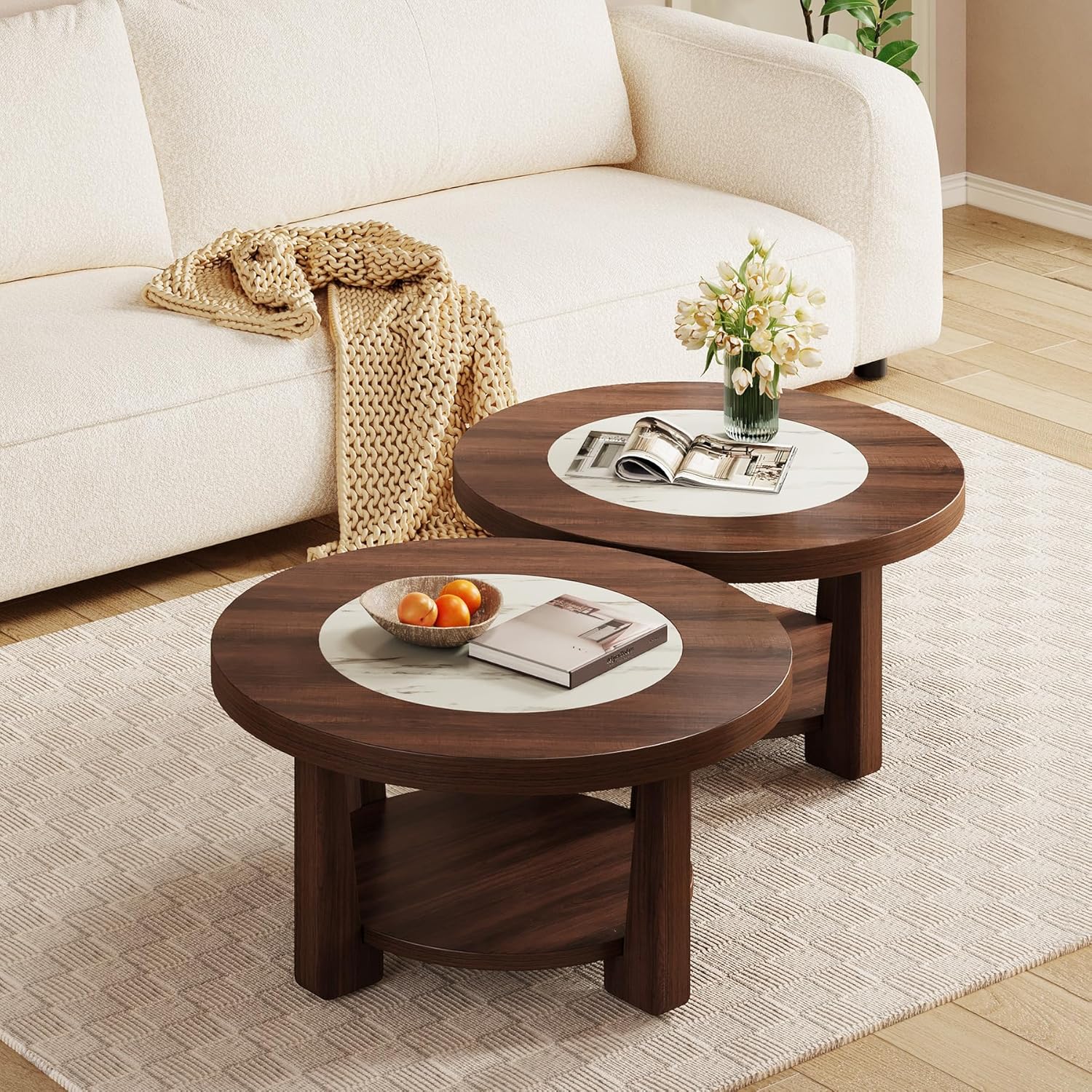 LITTLE TREE Modern Round Coffee Table, 2-Tier Wood Coffee Table with Storage, Marble-Like Tabletop for Living Room, Simple & Modern Center Table for Small Space, Brown - Image 4