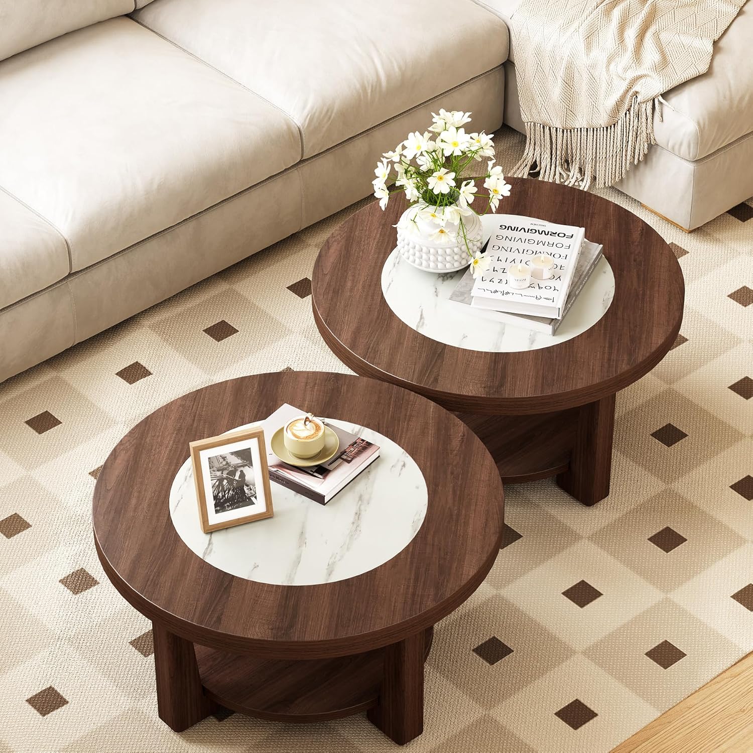 LITTLE TREE Modern Round Coffee Table, 2-Tier Wood Coffee Table with Storage, Marble-Like Tabletop for Living Room, Simple & Modern Center Table for Small Space, Brown - Image 5