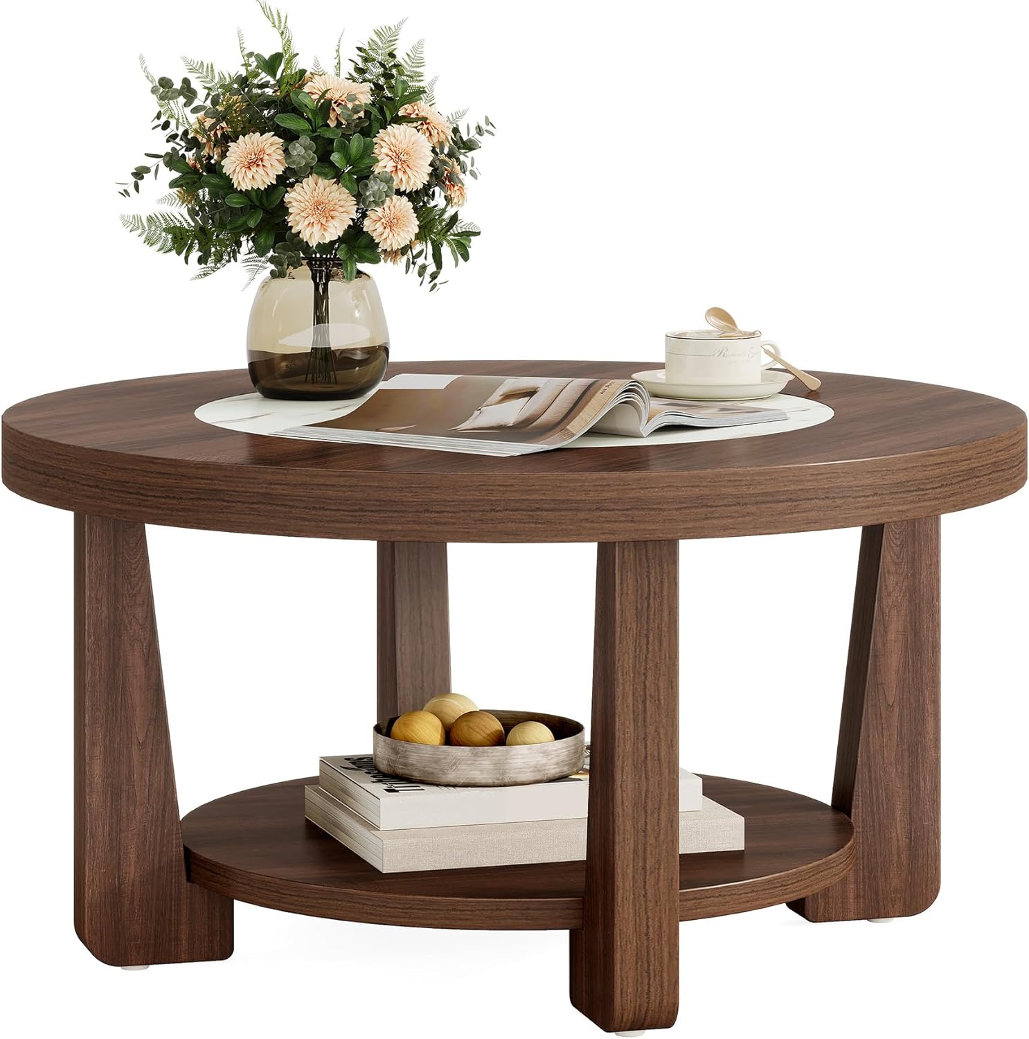 LITTLE TREE Modern Round Coffee Table, 2-Tier Wood Coffee Table with Storage, Marble-Like Tabletop for Living Room, Simple & Modern Center Table for Small Space, Brown - Image 6