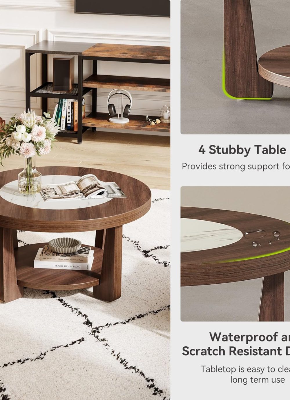 LITTLE TREE Modern Round Coffee Table, 2-Tier Wood Coffee Table with Storage, Marble-Like Tabletop for Living Room, Simple & Modern Center Table for Small Space, Brown - Image 8