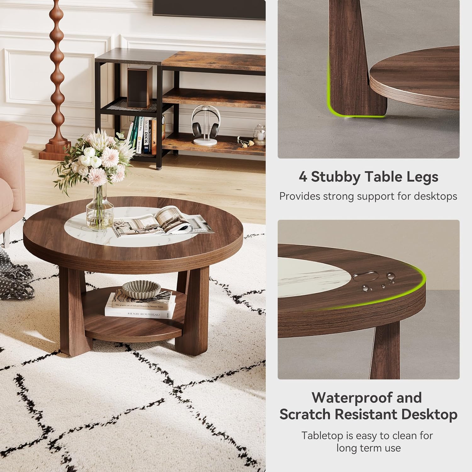 LITTLE TREE Modern Round Coffee Table, 2-Tier Wood Coffee Table with Storage, Marble-Like Tabletop for Living Room, Simple & Modern Center Table for Small Space, Brown - Image 8
