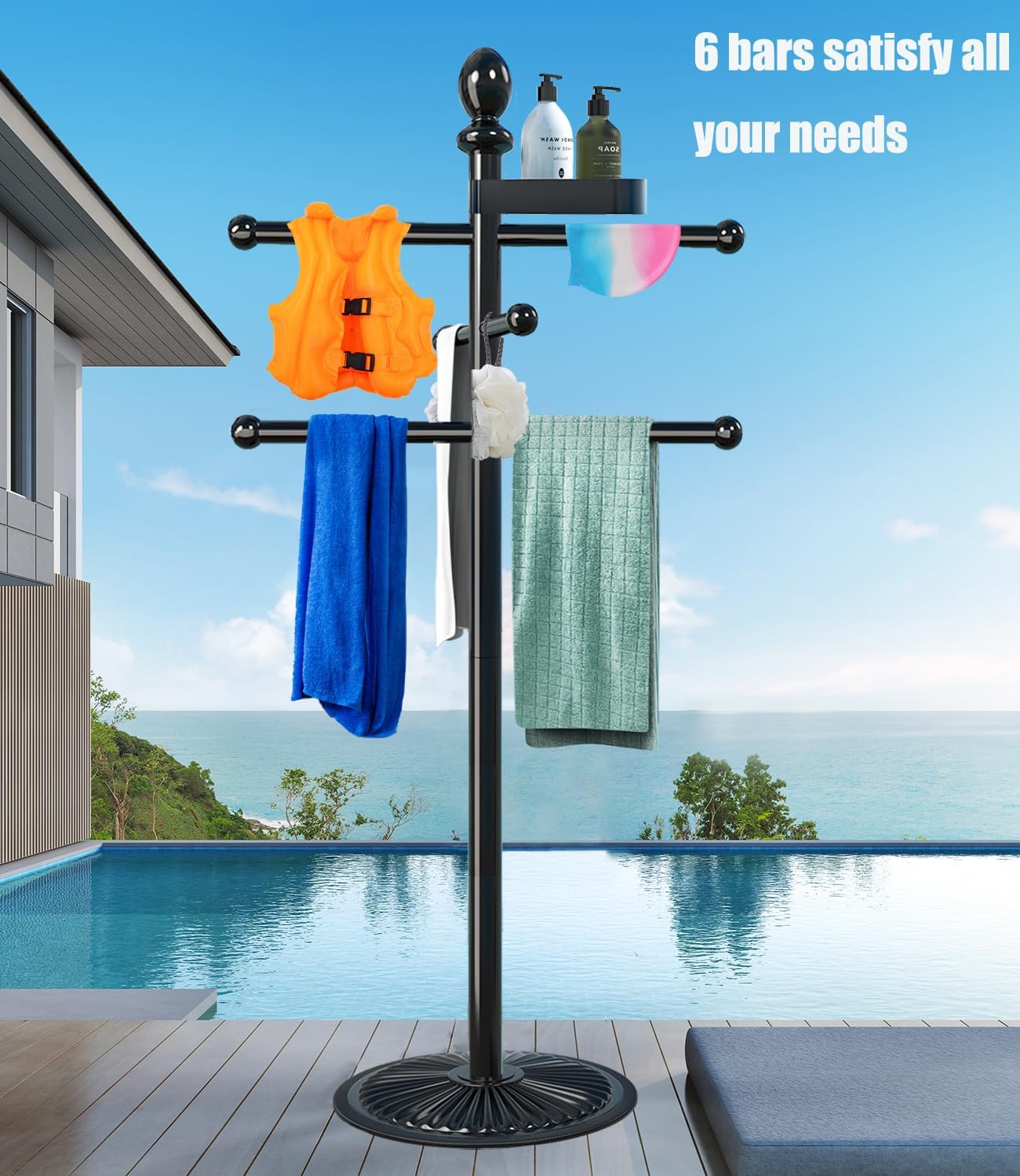 Pool Outdoor Towel Rack, Metal Heavy Duty Pool Accessories with Heavy Metal Base, 6 Bars Hot Tub Accessories Towel Dying Rack Towel Stand for Pool, Spa(51.5 inches) - Image 4