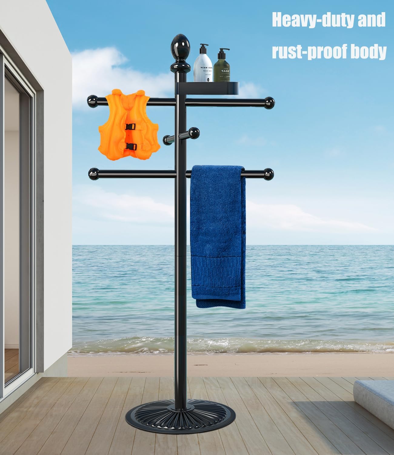 Pool Outdoor Towel Rack, Metal Heavy Duty Pool Accessories with Heavy Metal Base, 6 Bars Hot Tub Accessories Towel Dying Rack Towel Stand for Pool, Spa(51.5 inches) - Image 6