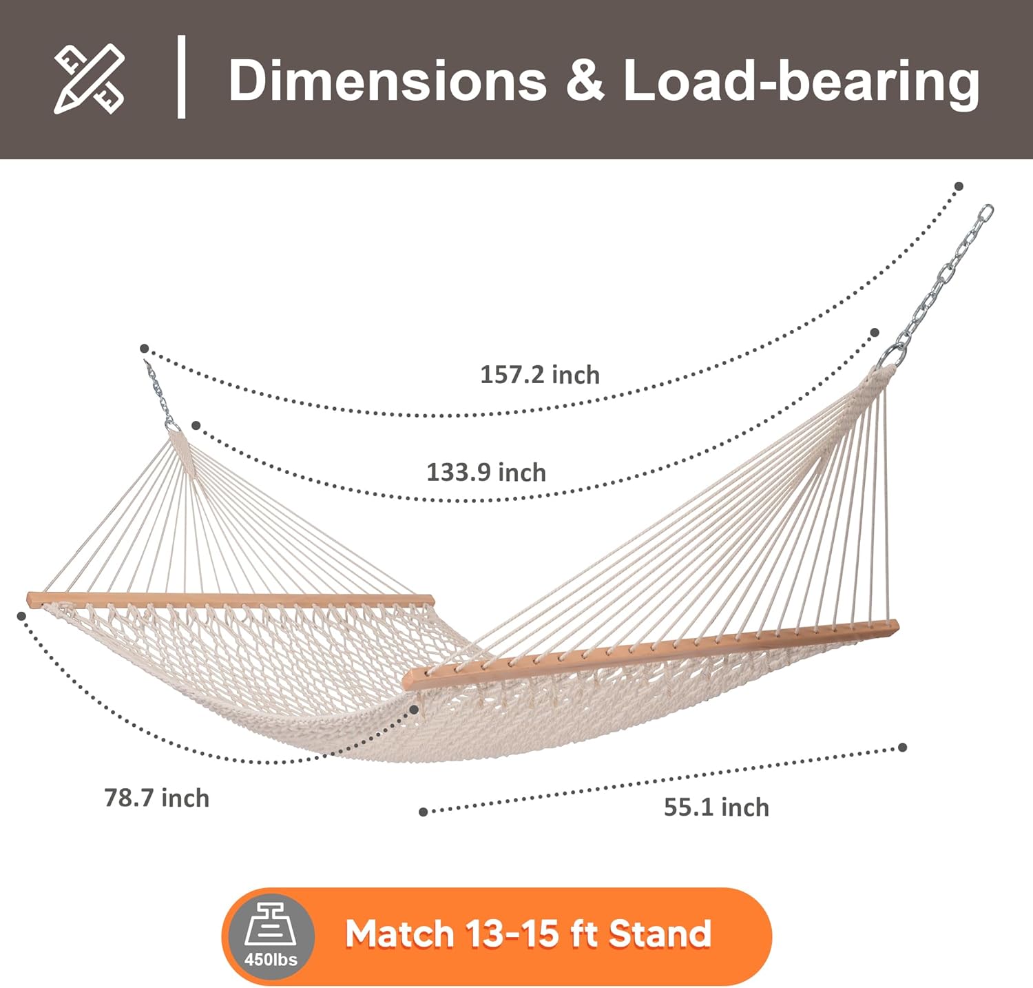 SUNCREAT Hammocks Traditional Rope Double Hammock with Hardwood Spreader Bar and Carrying Bag, 450 lbs Capacity, Natural - Image 2