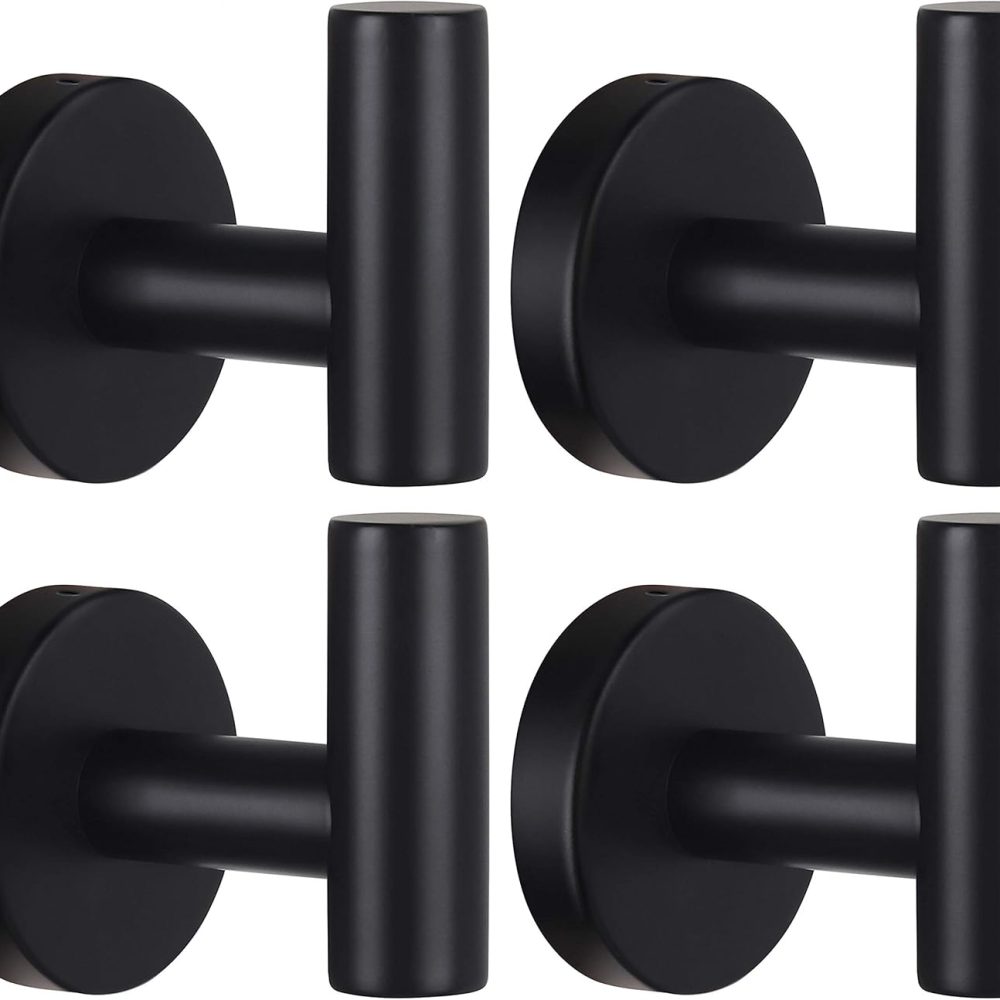 Towel Hooks Bathroom Coat Robe Wall Hook Stainless Steel Heavy Duty Door Hanger Towel Robe Clothes Cabinet Closet Sponges Rack for Bathroom Bedroom Kitchen Hotel Pool 4 Packs Matte Black