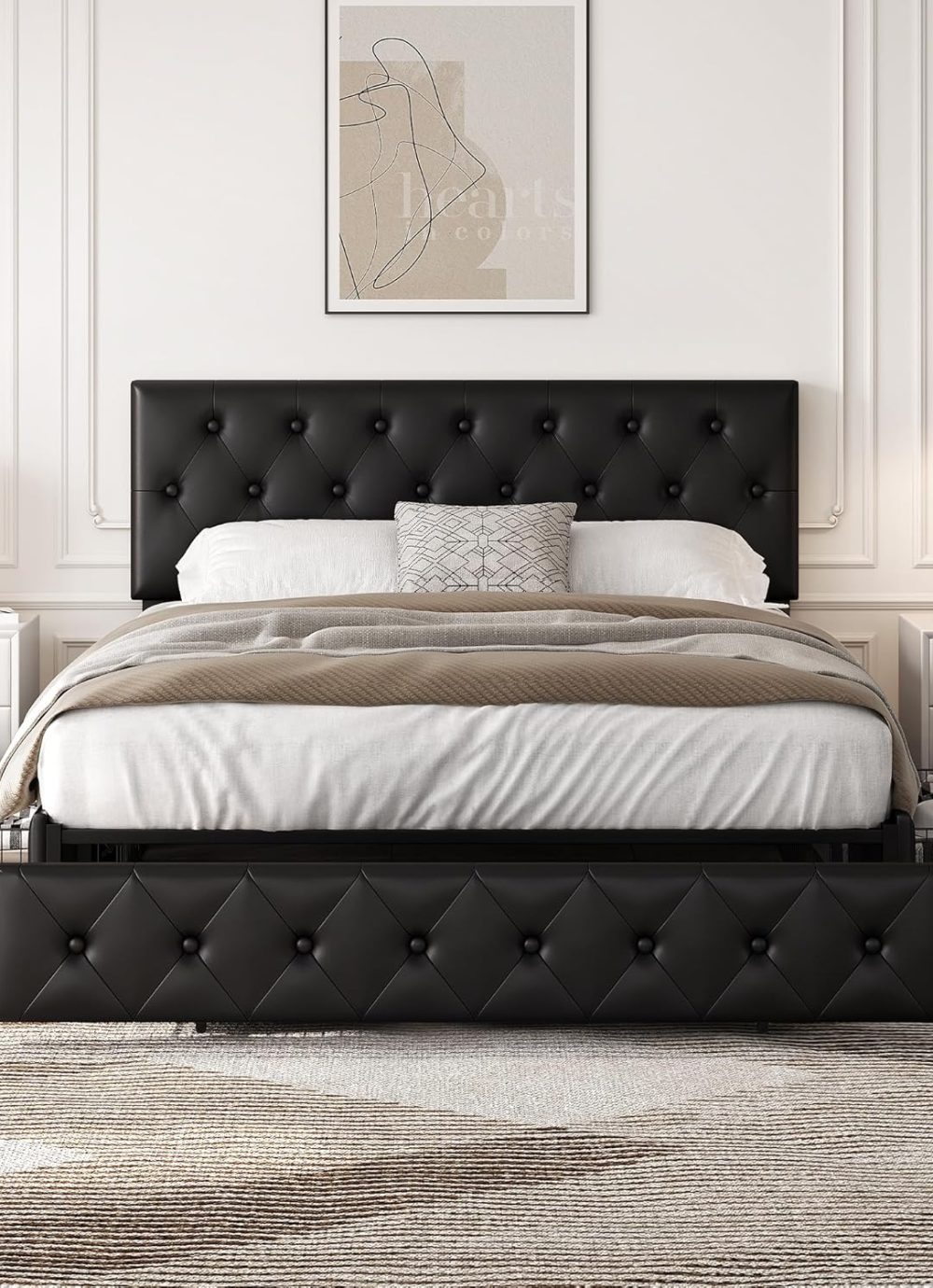 Yaheetech Queen Bed Frame Upholstered Bed Frame with Adjustable Diamond Button-Tufted Headboard/3 Drawers Storage, Queen Platform Bed/Strong Wooden Slats, Black Queen Bed