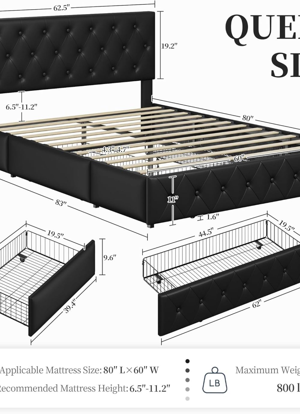 Yaheetech Queen Bed Frame Upholstered Bed Frame with Adjustable Diamond Button-Tufted Headboard/3 Drawers Storage, Queen Platform Bed/Strong Wooden Slats, Black Queen Bed - Image 2