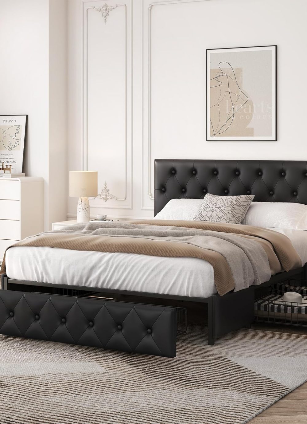 Yaheetech Queen Bed Frame Upholstered Bed Frame with Adjustable Diamond Button-Tufted Headboard/3 Drawers Storage, Queen Platform Bed/Strong Wooden Slats, Black Queen Bed - Image 3