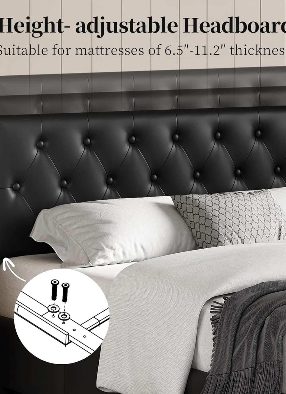 Yaheetech Queen Bed Frame Upholstered Bed Frame with Adjustable Diamond Button-Tufted Headboard/3 Drawers Storage, Queen Platform Bed/Strong Wooden Slats, Black Queen Bed - Image 4