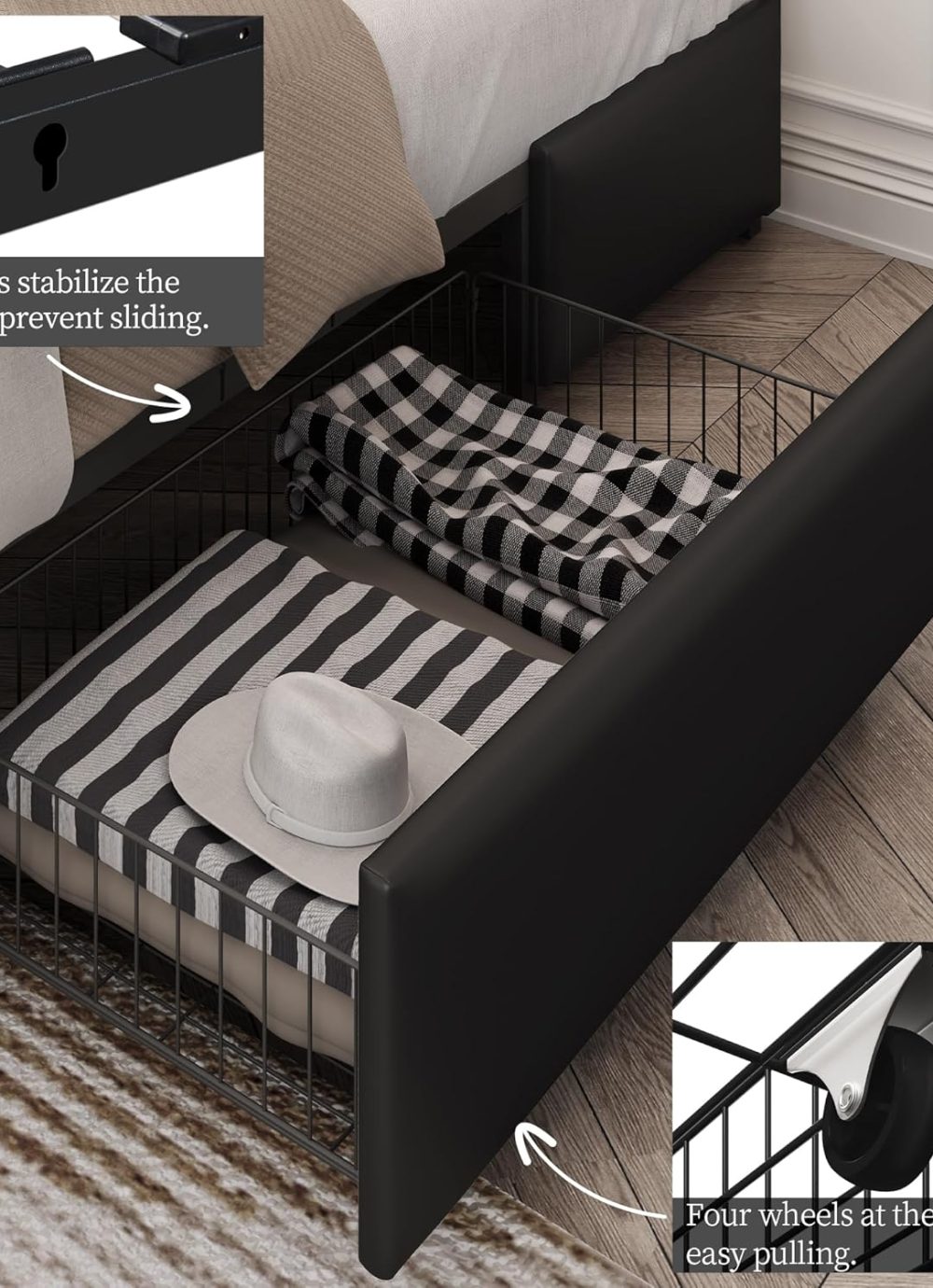 Yaheetech Queen Bed Frame Upholstered Bed Frame with Adjustable Diamond Button-Tufted Headboard/3 Drawers Storage, Queen Platform Bed/Strong Wooden Slats, Black Queen Bed - Image 5