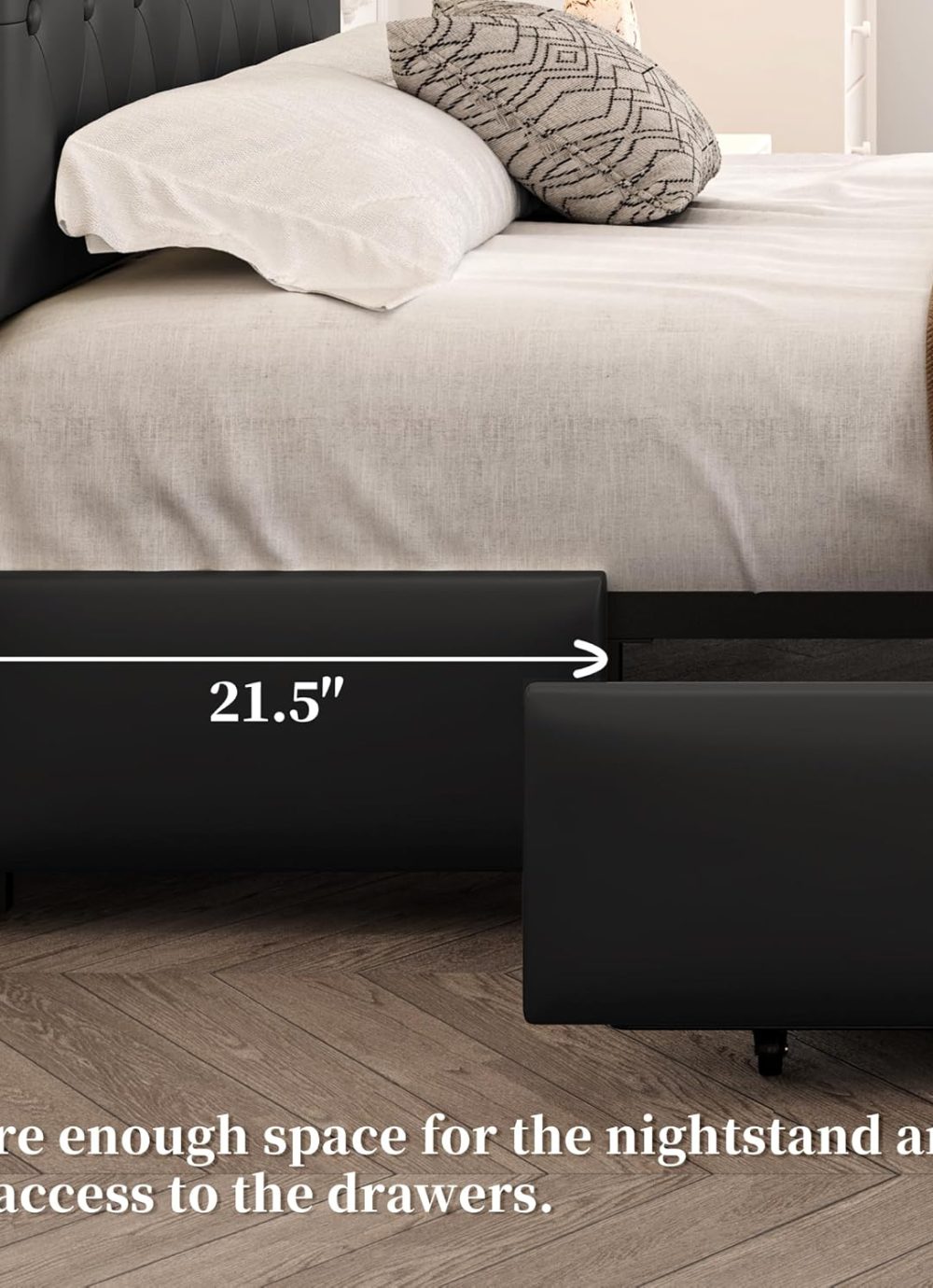 Yaheetech Queen Bed Frame Upholstered Bed Frame with Adjustable Diamond Button-Tufted Headboard/3 Drawers Storage, Queen Platform Bed/Strong Wooden Slats, Black Queen Bed - Image 6