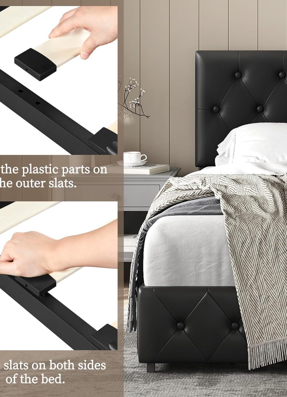 Yaheetech Queen Bed Frame Upholstered Bed Frame with Adjustable Diamond Button-Tufted Headboard/3 Drawers Storage, Queen Platform Bed/Strong Wooden Slats, Black Queen Bed - Image 8