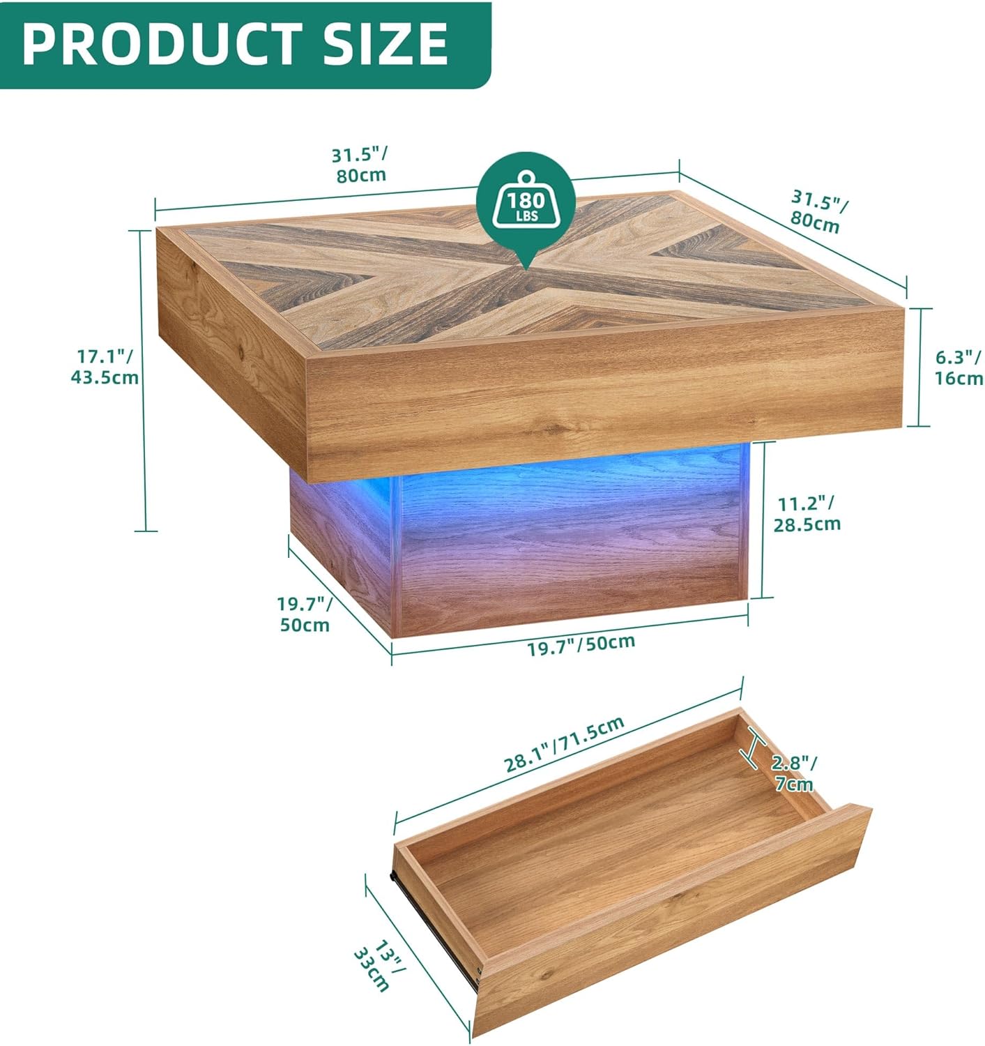 YITAHOME LED Game Coffee Table with 2 Drawers Storage, Square Modern Coffee Table Engineered Wood Low Coffee Tables for Living Room Decor, Farmhouse Rustic Center Table, Brown - Image 2