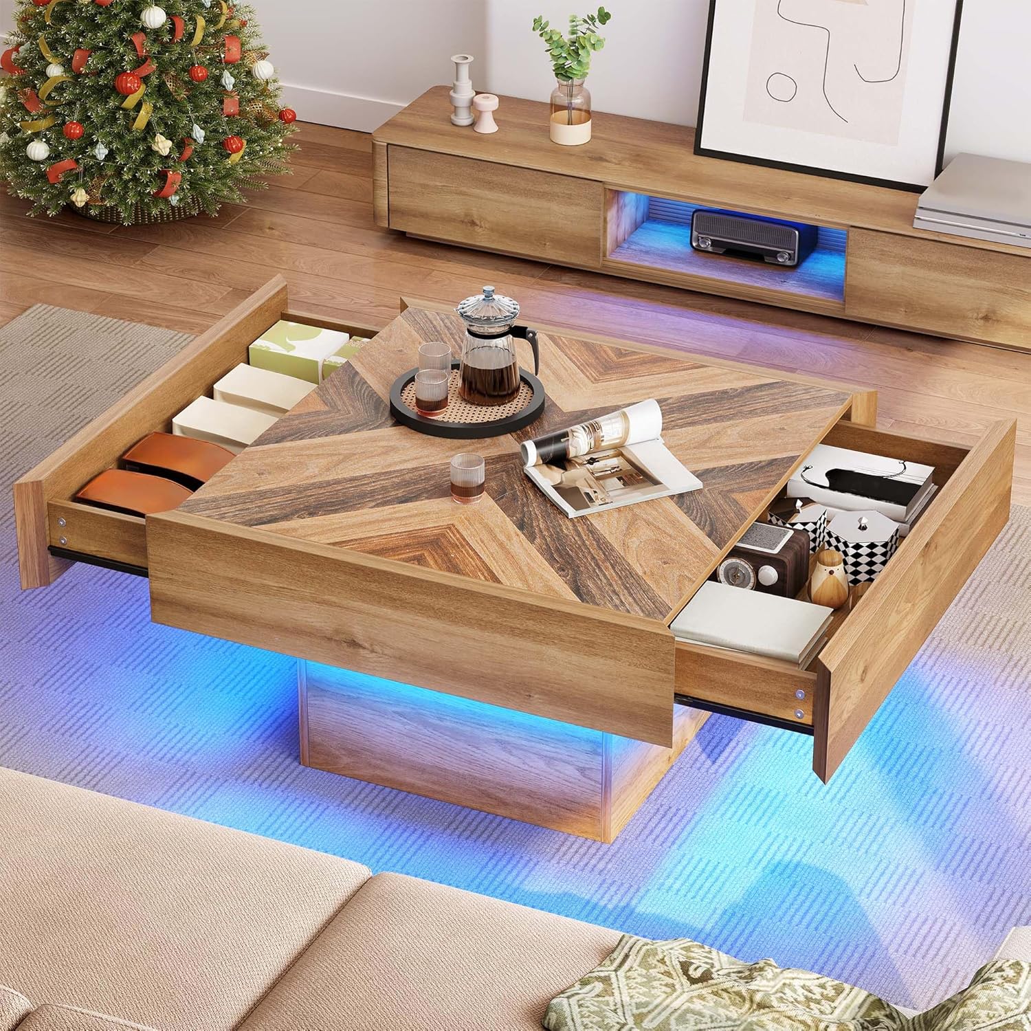 YITAHOME LED Game Coffee Table with 2 Drawers Storage, Square Modern Coffee Table Engineered Wood Low Coffee Tables for Living Room Decor, Farmhouse Rustic Center Table, Brown - Image 3