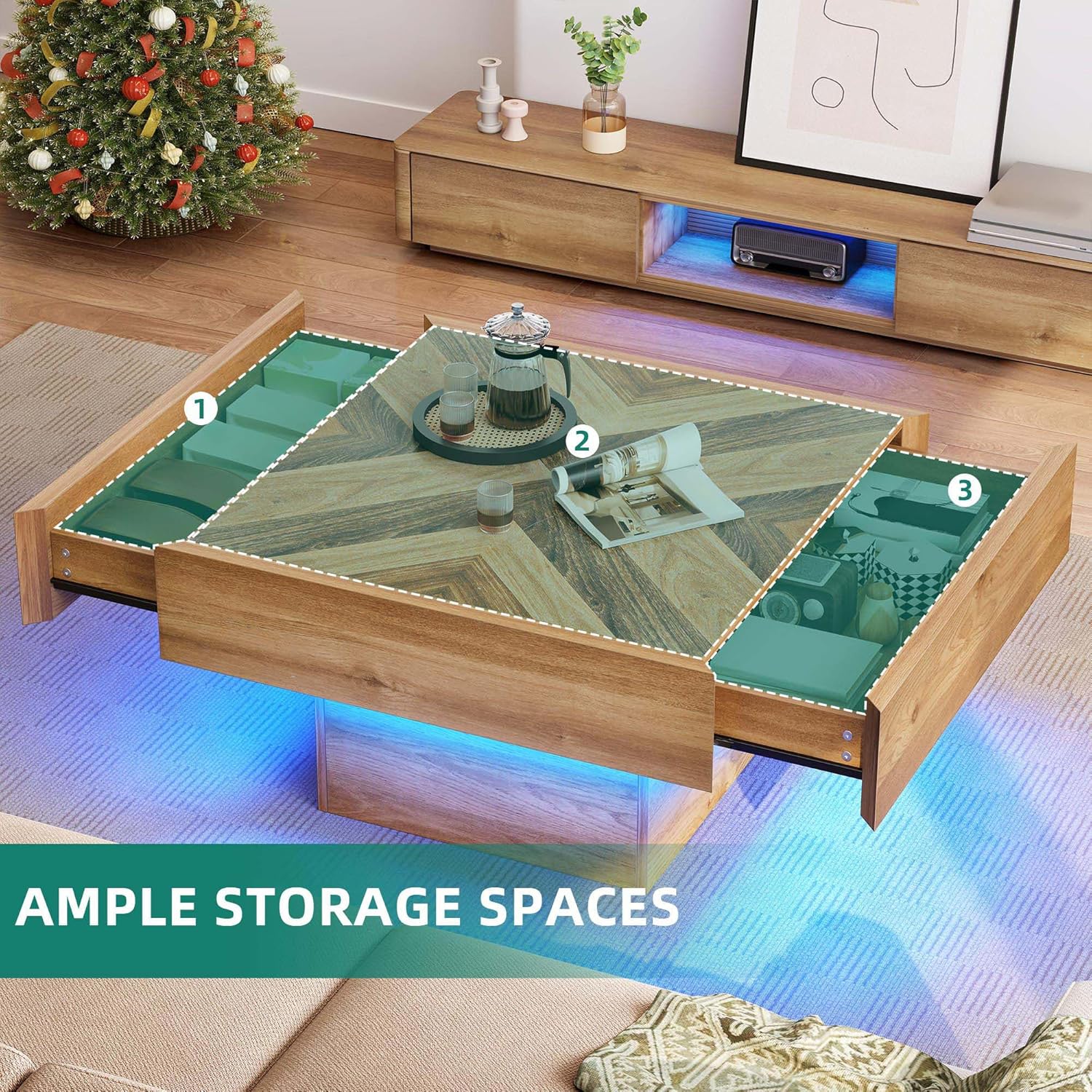 YITAHOME LED Game Coffee Table with 2 Drawers Storage, Square Modern Coffee Table Engineered Wood Low Coffee Tables for Living Room Decor, Farmhouse Rustic Center Table, Brown - Image 6