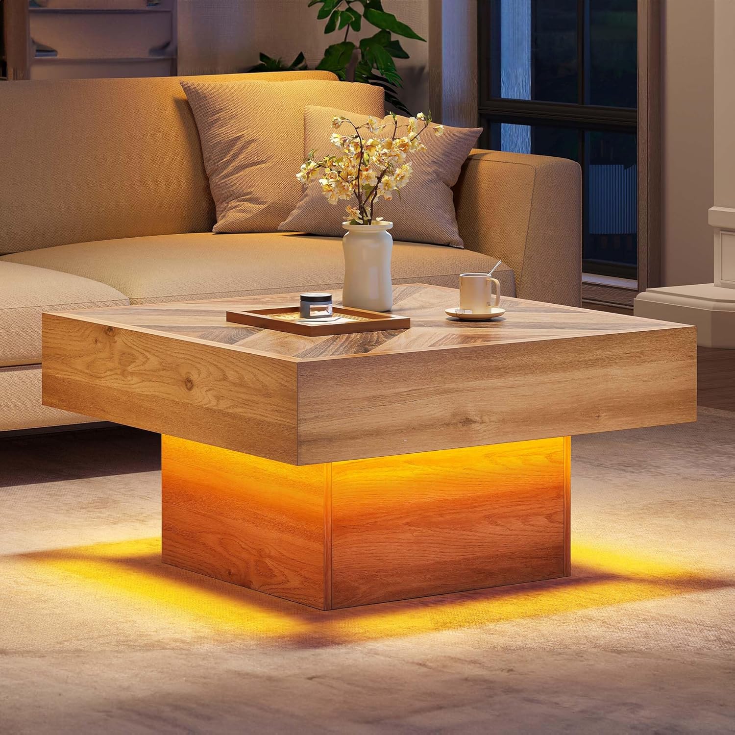 YITAHOME LED Game Coffee Table with 2 Drawers Storage, Square Modern Coffee Table Engineered Wood Low Coffee Tables for Living Room Decor, Farmhouse Rustic Center Table, Brown - Image 8